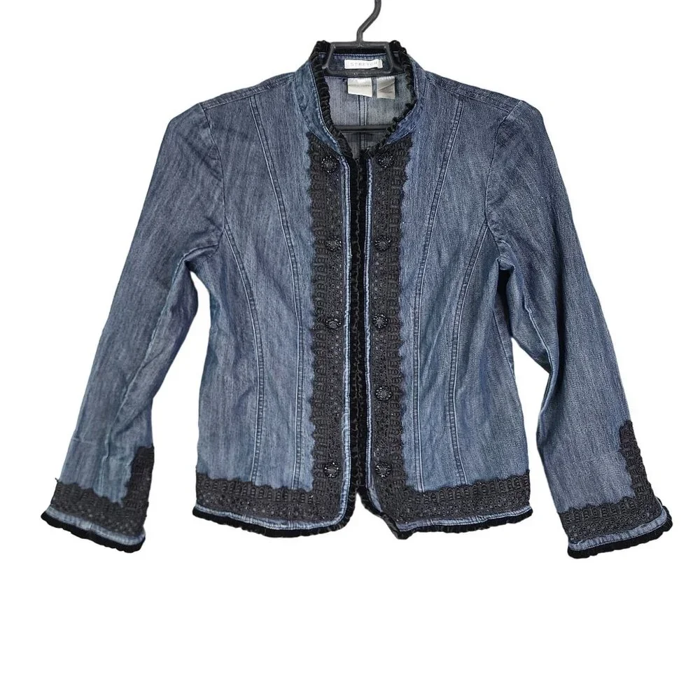 Womens Emma James Blue Denim Jacket w/ Black Lace Trim Size 10